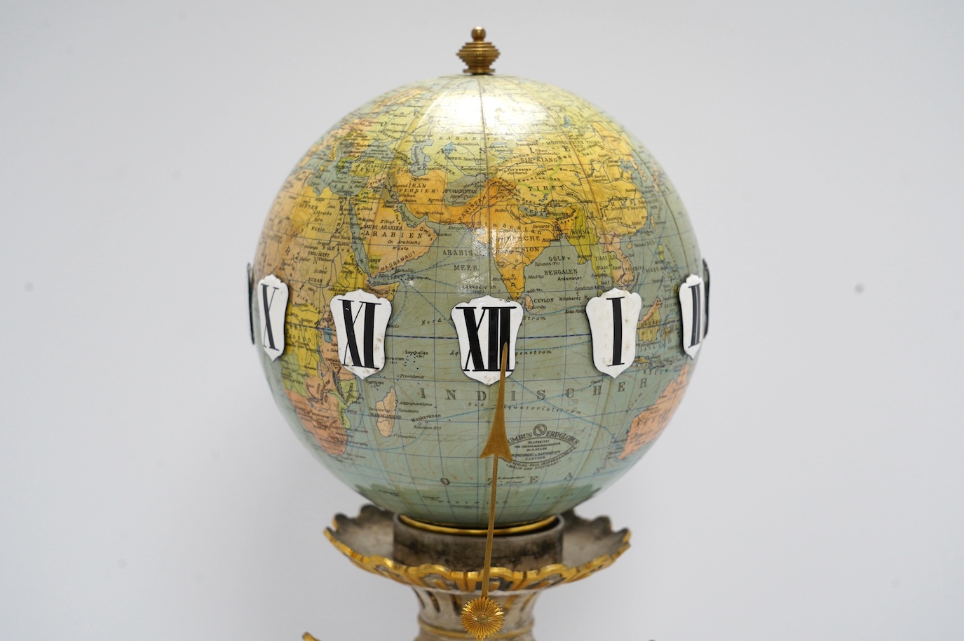 A late 19th century German Columbus Erdglobus globe timepiece, 49cm high. Condition - fair